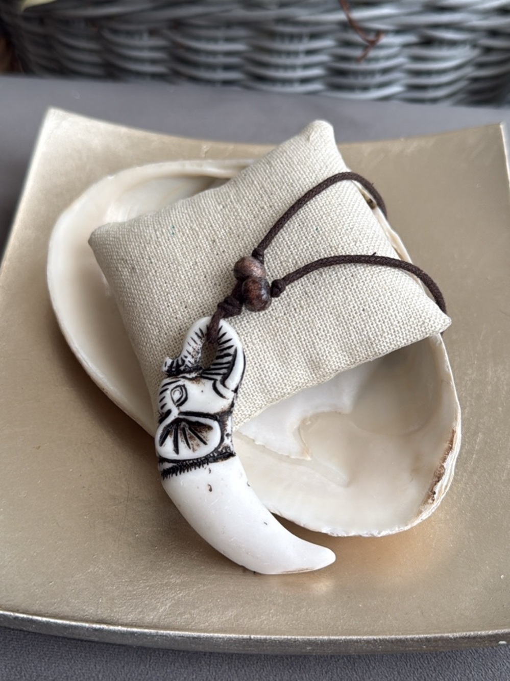 White Elephant Tooth Pendant Necklace Brown Cord